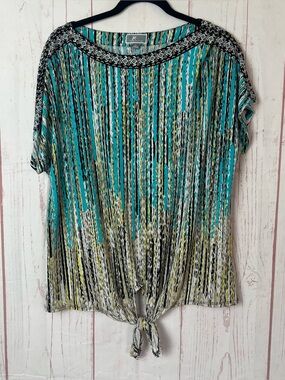 JM Collection L Large Studded Liquid Knit Top Short Dolman Sleeve Tie Front ~